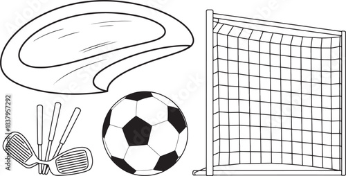 Line drawing of golf clubs soccer ball and goal net sports equipment sports