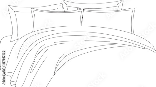 Minimalist line drawing of a neatly made bed with pillows and duvet bedding