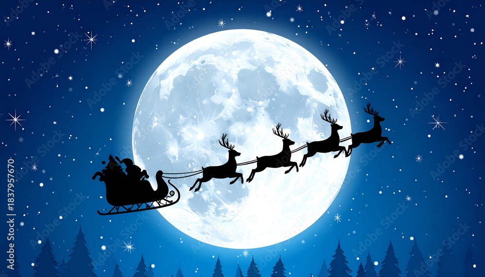 Naklejka premium Santa Sleigh Silhouette Against Full Moon