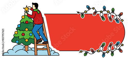 A man is putting a star on a Christmas tree banner