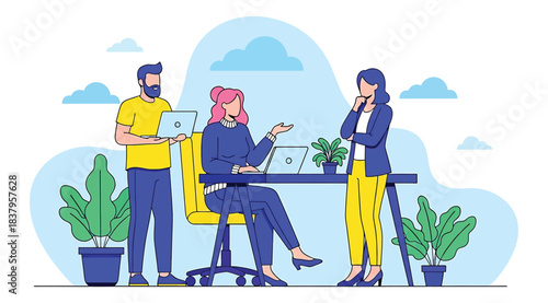 Illustration of three professionals in modern office setting discussing ideas with laptop and tablet, symbolizing teamwork, communication, and contemporary workplace culture with creative decor