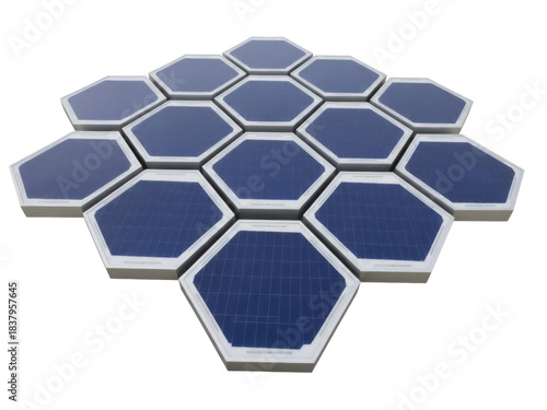 Isolated array of polygonal solar panels showing renewable energy production, engineering