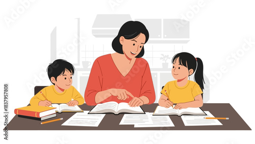 A heartwarming flat design illustration showing a parent patiently assisting their child with homework at a kitchen table, fostering a supportive learning environment. 