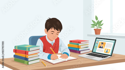 A vibrant flat design illustration showing a focused elementary school child diligently completing homework at a neat home desk, surrounded by books and a laptop. 