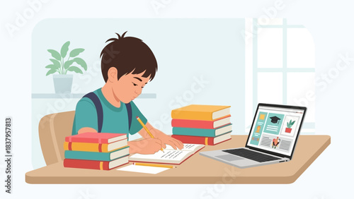 A vibrant flat design illustration showing a focused elementary school child diligently completing homework at a neat home desk, surrounded by books and a laptop. 