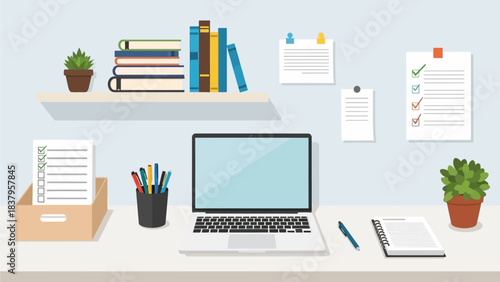 A crisp flat design illustration showcasing an immaculately organized and minimalist study desk at home, complete with essential stationery and a laptop. This clean vector art represents productivity