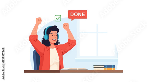 An uplifting flat design illustration showing a happy student joyfully celebrating the successful completion of their homework or study task at their home desk. 