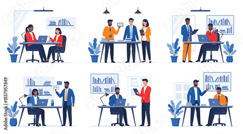 Illustration of six office scenes showing professionals collaborating, presenting, and working with laptops and documents in modern workplace settings with decor elements like plants and charts