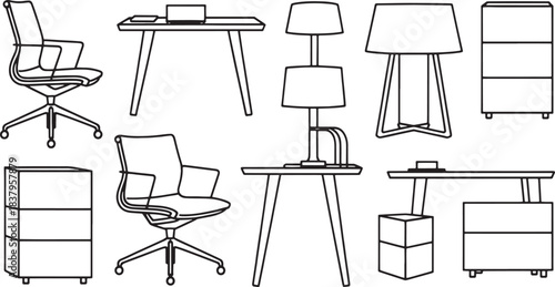 Minimalist line drawing of office furniture including chairs desks lamps and storage units vector