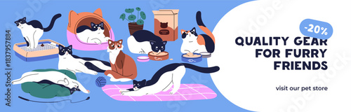 Pet store advertising banner design with cute cats eating, playing and sleeping. Promotion of discounts in shop for domestic animals with funny naughty kitties on layout. Flat vector illustration