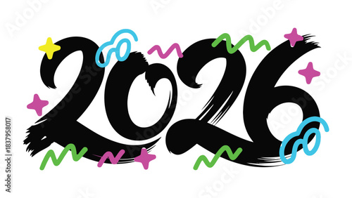 2026 Typography: A dynamic display, with the year 2026 emblazoned in bold strokes and a vibrant flourish of colorful elements. A visual representation of new beginnings and anticipation