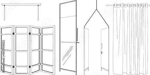 Minimalist line drawing of room dividers mirrors and curtains illustration folding screen
