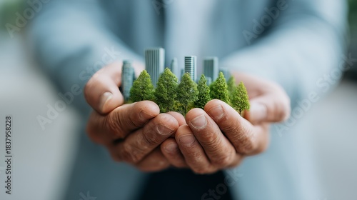 Symbolizing environmental care, hands gently hold a miniature cityscape integrated with lush greenery, merging urban life and nature.