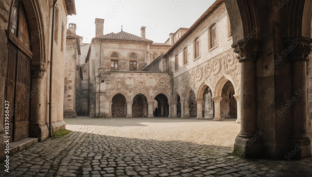 Fototapeta premium Ancient Cobblestone Courtyard of a Historic European Building.