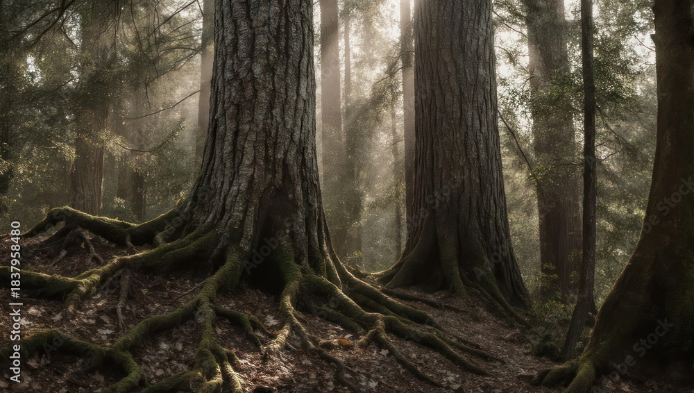 Fototapeta premium Ancient Forest Roots Sunlight Rays Majestic Trees.