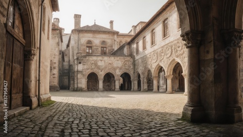 Fototapeta Naklejka Na Ścianę i Meble -  Ancient Cobblestone Courtyard of a Historic European Building.