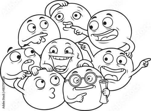 Funny black-and-white cartoon emoji characters with expressive faces, playful reactions, and humorous gestures in clean line-art style. Generative Ai