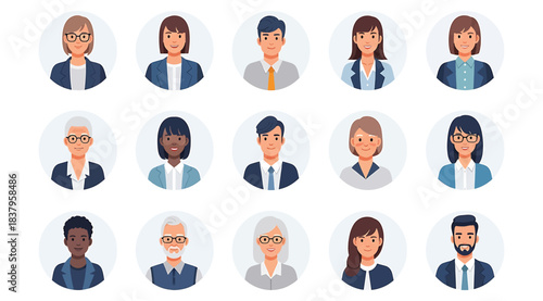 Grid of 15 illustrated professional avatars in circular frames, showcasing diverse individuals in business attire for use in team profiles, corporate presentations, or organizational materials