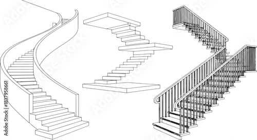 Minimalist line drawings of three distinct staircase designs on white stairs spiral staircase
