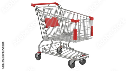 Isolated shopping cart, empty basket on wheels, consumer buying and retail trade transport