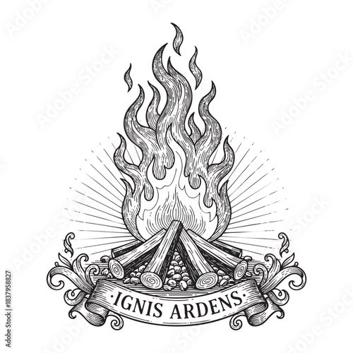 Vintage Campfire Illustration with Ignis Ardens Banner