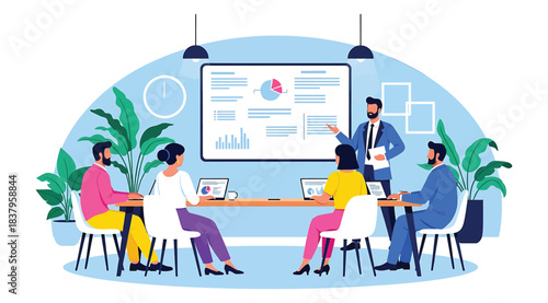Illustration of business meeting with presenter showing charts on screen to engaged professionals around table, symbolizing teamwork, data analysis, and strategic planning in modern office setting