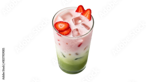 Isolated Strawberry Matcha Latte with Ice in Glass, layered drink with strawberry slices
