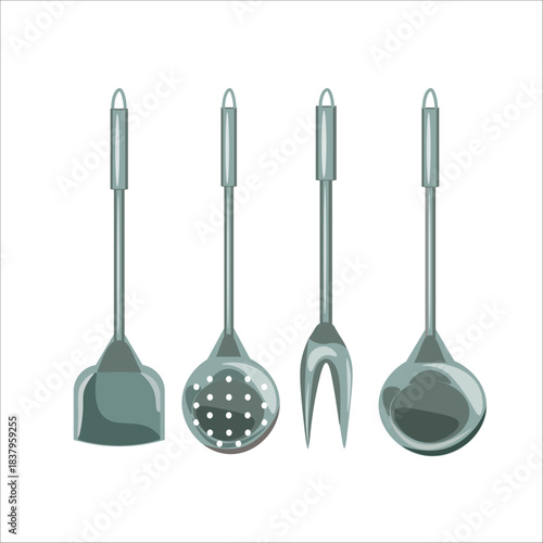 Vector set of kitchen utensils isolated on white background. Metal cooking spoon, ladle, fork,skimmer spoon. Kitchen tool for draining, frying, and food preparation.