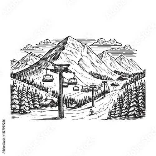 Winter Mountain Ski Resort and Chairlift Landscape