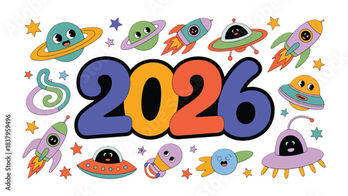 Galactic Vision: A vibrant, imaginative illustration for the year 2026, with colorful celestial bodies and spaceships suggesting a bright, innovative future.