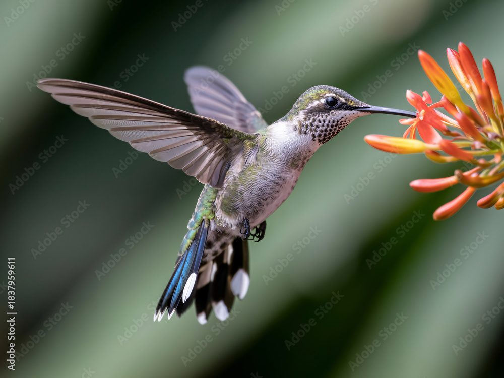 Naklejka premium Stunning close up of a tiny hummingbird hovering perfectly still while delicately feeding from vibrant orange trumpet flowers