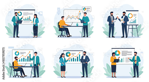 Illustration of six business scenes with professionals presenting and discussing data visualizations like pie charts and bar graphs, symbolizing analytics, teamwork, and communication in office settin