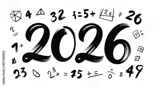 2026 Mathematics concept: A visually engaging illustration showcasing the year 2026 amidst an array of mathematical symbols, calculations, and equations.