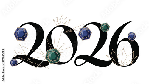 2026 Typography Design: A stylish typography design, representing the year 2026, embellished with sparkling gems and a delicate crown. A symbol of anticipation and looking forward.