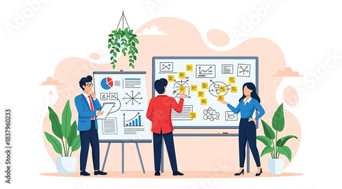 Illustration of three professionals brainstorming in office setting with whiteboard and charts, symbolizing teamwork, strategic planning, and idea generation in a modern collaborative workspace