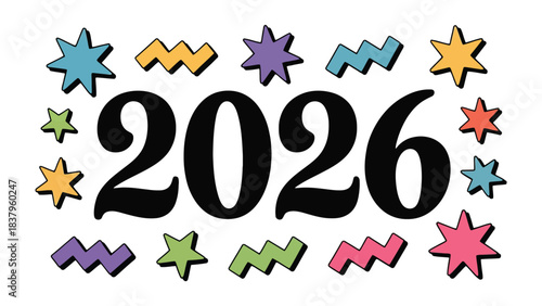New Year's Eve 2026: A vibrant and colorful design marks the arrival of the New Year, incorporating stars and zigzags for a celebratory feel. 