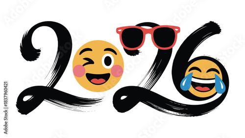 Vivid Vision of 2026: A cheerful composition showcasing the upcoming year with an expressive touch, blending playful emojis and stylish accessories.