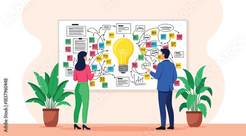 Illustration of two professionals brainstorming in front of whiteboard with sticky notes and light bulb sketch, symbolizing creativity, teamwork, and idea generation in a modern collaborative workspac