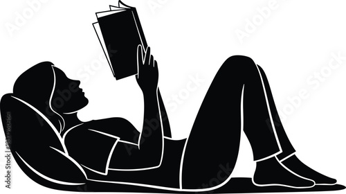Relaxed reading silhouette, leisure posture icon, black illustration, personal time gesture, cushion pose concept, casual book moment, restful activity profile