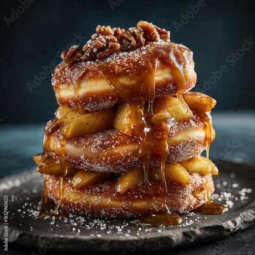 Indulgent caramel apple pecan donut stack dripping with sweet glaze and sugar crystals