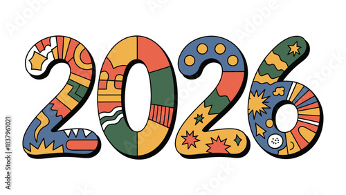 Year 2026 Typography: A vibrant and creatively designed typographic illustration showcasing the year 2026, rendered in a striking array of colors and patterns.