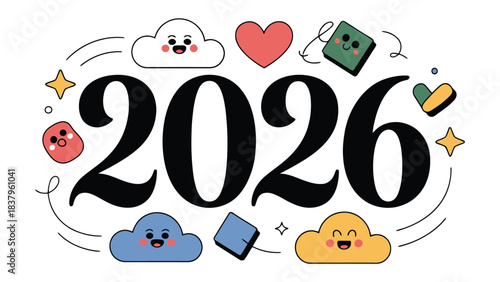 Vibrant 2026: A playful and colorful illustration with the number 2026 surrounded by cartoon elements, like clouds, hearts, and stars, creating a cheerful and optimistic vibe.