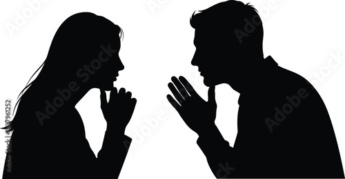 Silhouette man and woman talking, communication and discussion concept, conversation between two people, dialogue interaction illustration, black figures isolated on white background