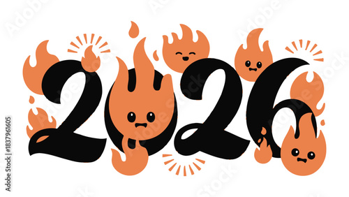 2026: An illustration that depicts the year 2026. A creative design, with flame-shaped figures surrounding the numbers, creating a sense of energy and anticipation.