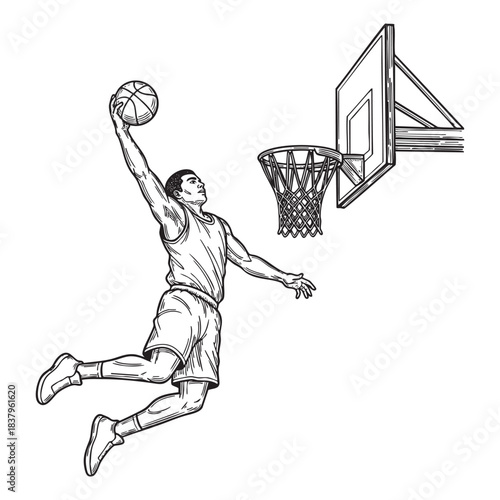 Basketball Player Dunking Ball Vintage Sketch