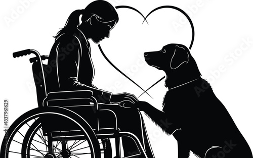 Silhouette woman in wheelchair with service dog, emotional support animal concept, compassion and disability care illustration, heart symbol connection, black figures on white background