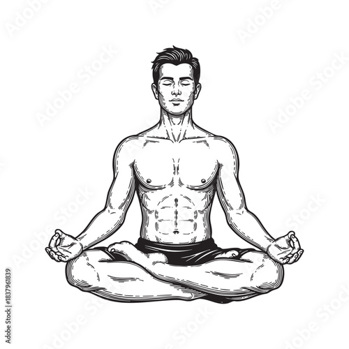 Man Meditating in Lotus Pose Vintage Engraving
