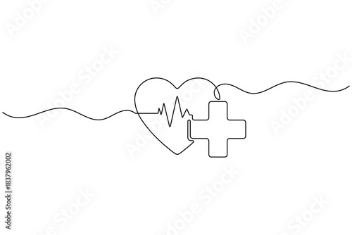 Continuous heart line with medical cross design. vector