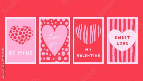 Valentines Day Heart Posters Set with Text. Trendy Minimal Love Banners with Romantic Quote Phrase and handwritten lettering with striped and spotted textures. Vector illustration