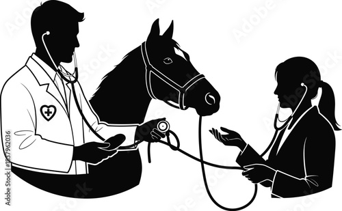 Veterinary care illustration, horse examination scene, animal health teamwork, black and white diagnostic pose, equine medical attention, professional vet concept